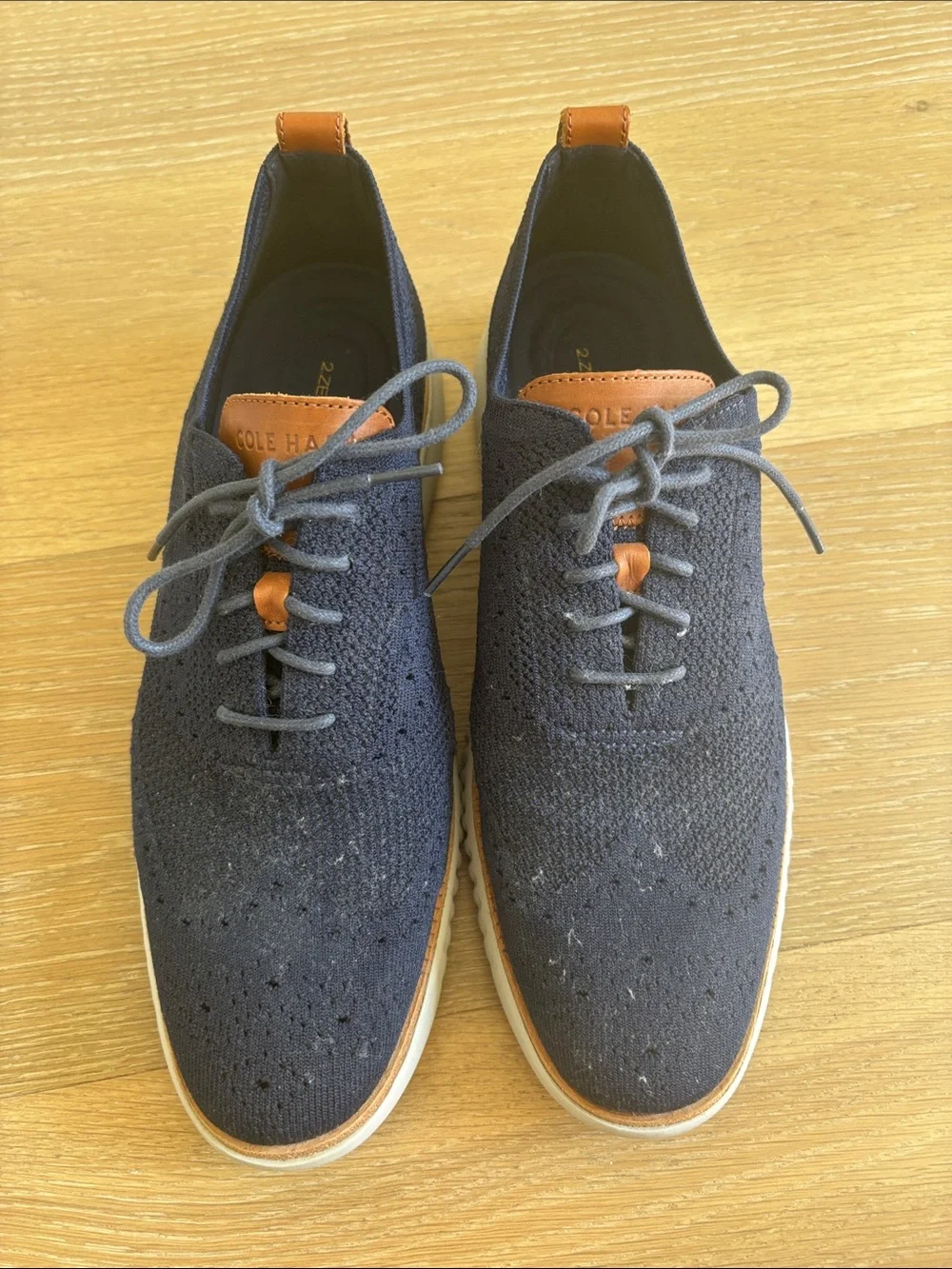 Cole Haan Navy Knit Wingtip Oxford with Tan Accents